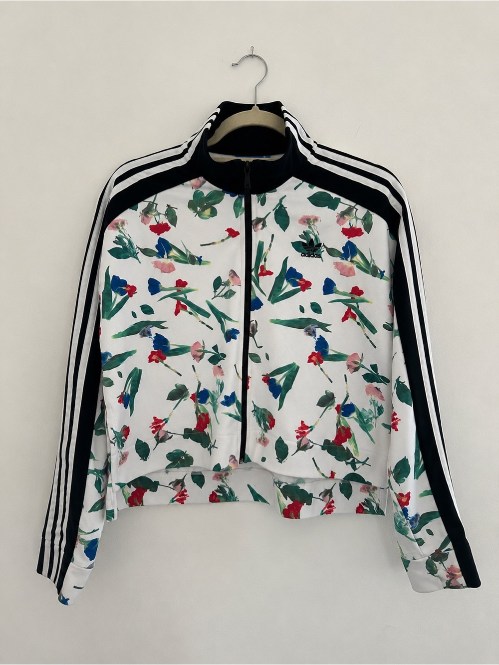 adidas White Floral Track Jacket with Black Trim